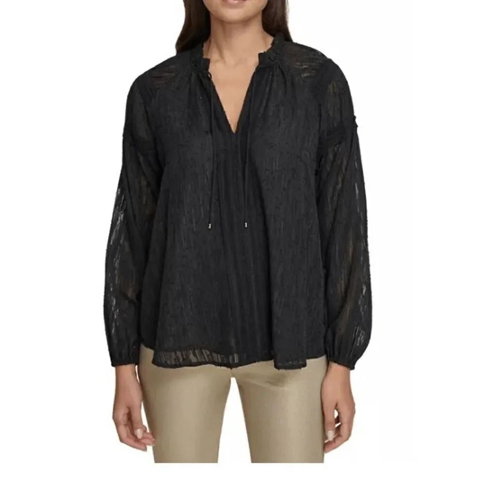 TOMMY HILFIGER Women's Black Textured Split-Neck Long Sleeve Top L